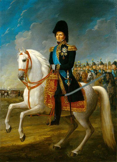 Król Szwecji Karol XIV Jan na czele armii ruszającej... przeciwko Francuzom.