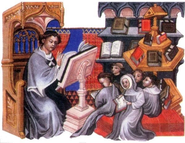 Pilna nauka w średniowiecznej szkole... To już ewidentnie schyłek epoki. W czasach Karola Wielkiego byłoby nie do pomyślenia, żeby każde dziecko trzymało własną księgę...