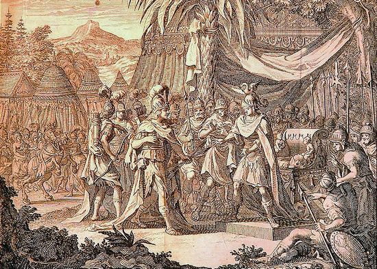 XVII-wieczny rysunek przedstawiający królową Amazonek Thalestris przybywającą z wizytą do Aleksandra Wielkiego. Czyżby i Mieszko I mógł liczyć na podobne zaszczyty?