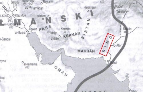 Sind na mapie wschodniej części Kalifatu Muzułmańskiego w 750 roku (fragment mapy z książki: Hugh Kennedy, Wielkie arabskie podboje, Wydawnictwo Naukowe PWN 2011).