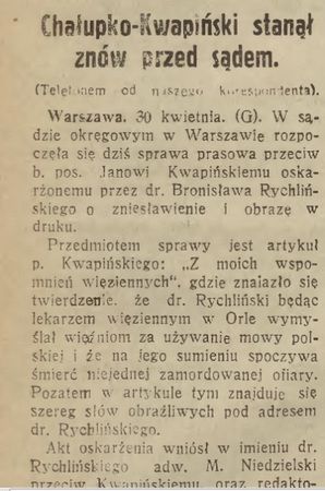 O procesie wytoczonym Kwapińskiemu donosiły gazety w całej Polsce. Pisało o tym również lwowskie "Słowo Polskie" w numerze z 2 maja 1931 r.