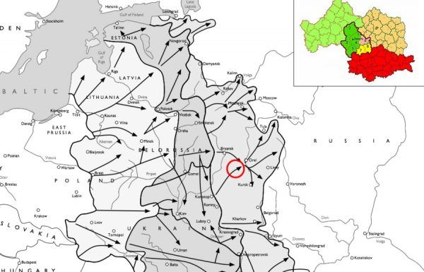 Przybliżone położenie Republiki Łokockiej na mapie operacji Barbarossa. W prawytm górnym roku dokładne granice republiki, usytuowanej pomiędzy Briańskiem, Kurskiem i Orłowem.