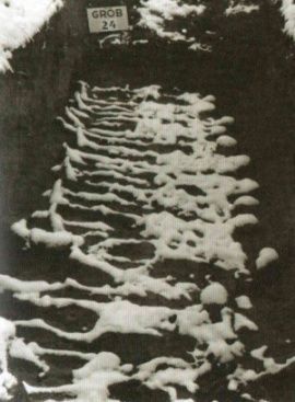 Jeden z masowych grobów ofiar egzekucji w forcie Krzesławice (zdjęcie z ekshumacji 1946) (wszystkie fotografie pochodzą z albumu "Kraków - czas okupacji 1939-1945")