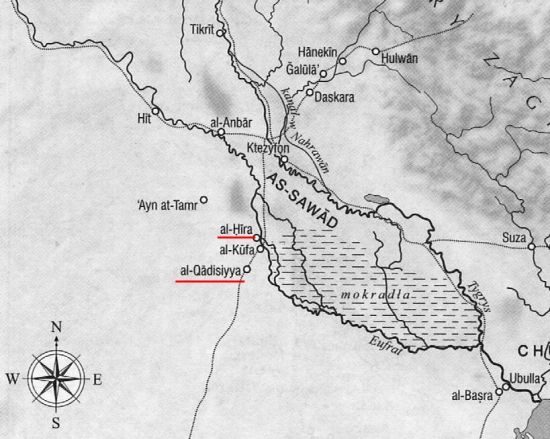 Irak w okresie podbojów arabskich. Kolorem zaznaczono miejsca bitew (fragment mapy z książki: Hugh Kennedy, Wielkie arabskie podboje, Wydawnictwo Naukowe PWN 2011).