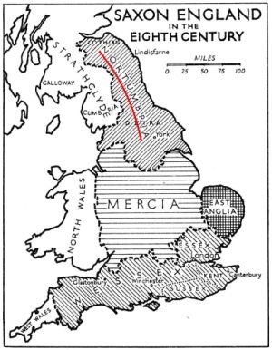 Mapa królestw Anglosaskich w VIII wieku.