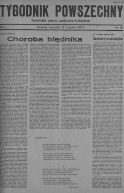 Pierwsza strona jednego z pierwszych numerów "Tygodnika Powszechnego" (1945 rok).