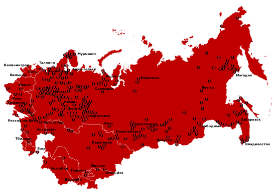 Mapa Związku Radzieckiego z zaznaczonymi łagrami. Ich liczba to najlepszy dowód na opresyjność komunistów (autor: Antonu; lic. CC ASA 3.0).