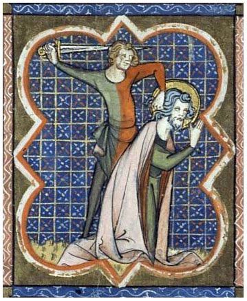 Ścięcie św. Longinusa. Ilustracja pochodząca z XIV-wiecznych "Żywotów świętych" Richarda de Monbastona