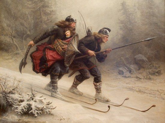 Jazda na nartach dla wikinga była bardzo ważna, czasami mogła ocalić nawet życie. Doskonałym przykładem był król Haakon IV. Powyżej obraz Knuta Larsona Bergsliena