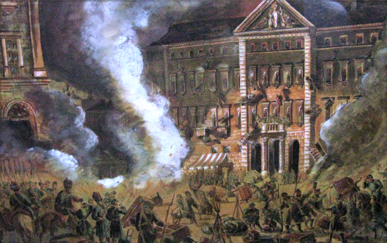 Obraz nieznanego autora na którym uwieczniono kozaków demolujących Dom Interesów Andrzeja Zamoyskiego po nieudanym zamachu na Berga.