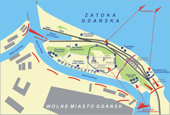 Plan Westerplatte z zaznaczonymi polskimi placówkami (autor Lonio17; lic. CC ASA 3.0)