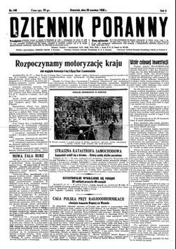 Strona tytułowa "Dziennika Porannego" z 25 czerwca 1936 r. w którym dokładnie opisano co składało się na cenę benzyny w II RP