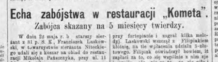 Zabójstwo w restauracji "Kometa". Wycinek z artykułu "Dziennika Łódzkiego" podsumowującego sprawę.