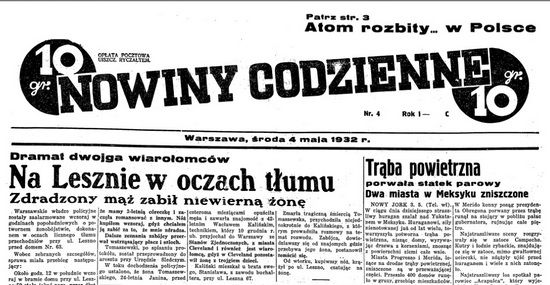O zbrodni dokonanej przez Wacława Tomaszewskiego warszawskie "Nowiny Codzienne" donosiły już na pierwszej stronie.