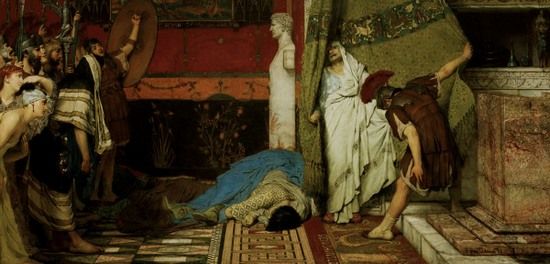 Przerażony Klaudiusz na obrazie Lawrence'a Alma Tadema "Śmierć Kaliguli".