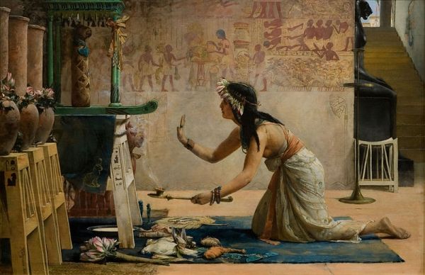 Egipska kapłanka oddająca cześć bogu-kotu na XIX-wiecznym malowidle. Zapewne w międzyczasie oddawania swojego ciała szukającym uciech pielgrzymom...