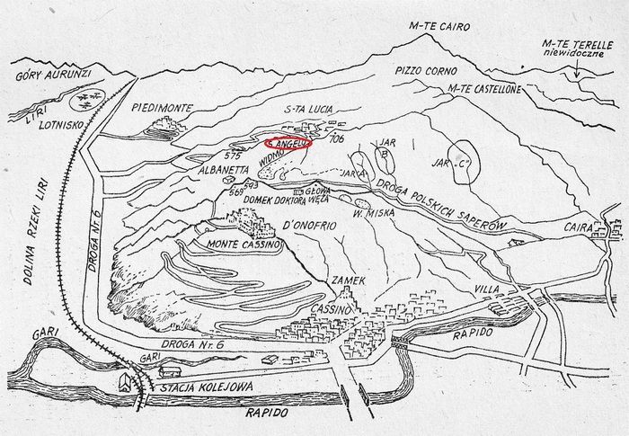 Szkic przedstawiający pole bitwy o Monte Cassino polskimi oczyma, z zaznaczoną Górą Anioła Śmierci.
