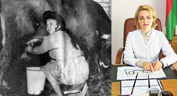 Po lewej Galina Rodionowna dojąca ulubioną krowę. Po prawej Irina Abelskaja, która zastąpiła ją u boku prezydenta.