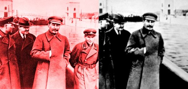 To zdjęcie pokazuje, jak niewiele dzieliło w ZSRR triumf i upadek. Na fotografii z lewej Jeżow w pełni władzy i potęgi, u boku samego Stalina. Obok to samo zdjęcie odpowiednio wyretuszowane po jego upadku. Był człowiek, nie ma człowieka. 