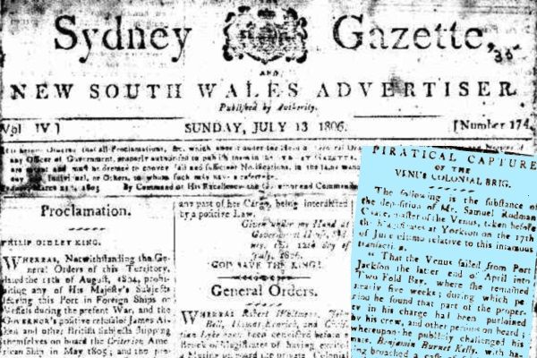 Pierwsza strona "Sydney gazette z 13 lipca 1806 roku i wycinek z informacją o porwaniu statku Venus.