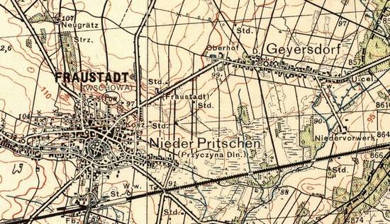Mapa sztabowa z zaznaczonymi miejscowościami Geyersdorf oraz Fraustadt, które to stały się celem polskiego ataku 2 września 1939 r,