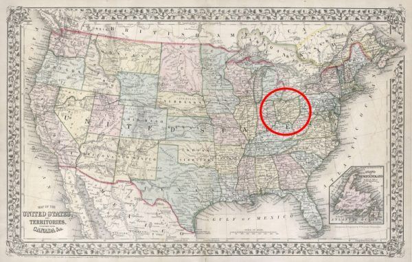 Stan Ohio na mapie z 1867 roku.