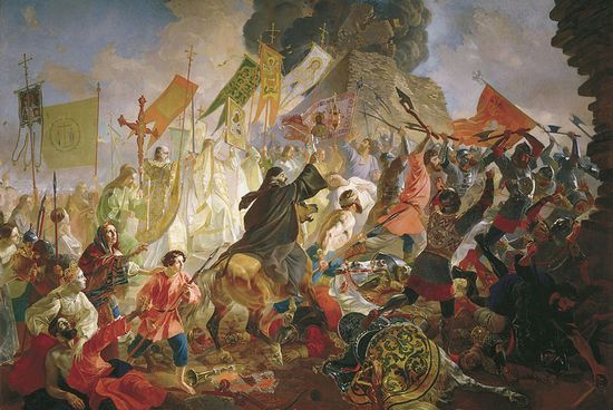 Stefan Batory wysłał oddział Radziwiłła, aby ten narobił jak najwięcej zamieszania na tyłach wroga. Sam tymczasem szykował się do wyruszenia na Psków. Powyżej obraz Karła Briułłowa "Bitwa pod Pskowem".