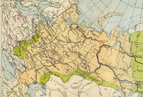 Starica zaznaczona czerwoną kropką na mapie Rosji przedstawiającej państwo w początkach XVII wieku.