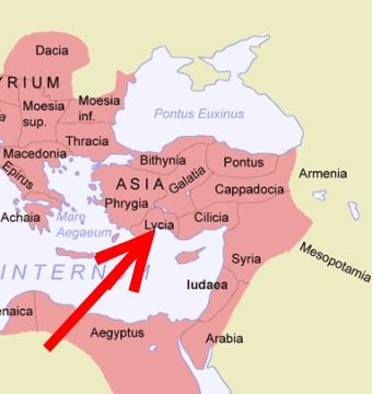 Wschodnia część imperium rzymskiego wraz z zaznaczonym położeniem miasta Mira.
