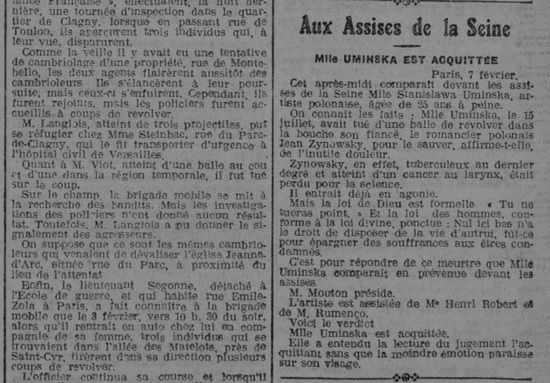 Proces Umińskiej trafił na pierwsze strony wielu francuskich gazet. Pisał o nim również dziennik "L'Express Du Midi" w numerze z 8 lutego 1925 roku.