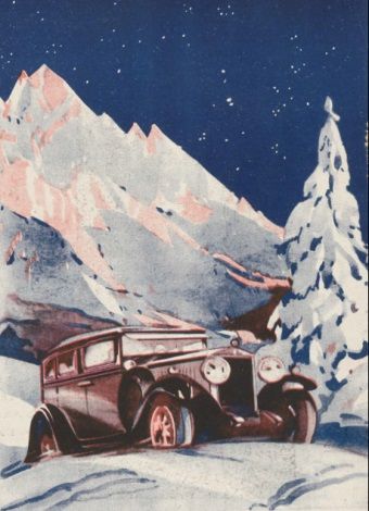Idealny prezent na długie, zimowe wieczory? Samochód pełen słodzika! (ilustracja okładkowa magazynu "Auto" z 1929 roku).