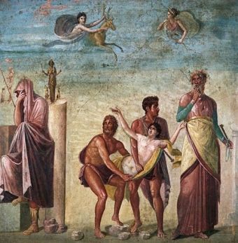 Ofiary z ludzi nie były obce starożytnym Grekom. Powyżej - fresk z Pompei przedstawiający poświęcenie Ifigenii.